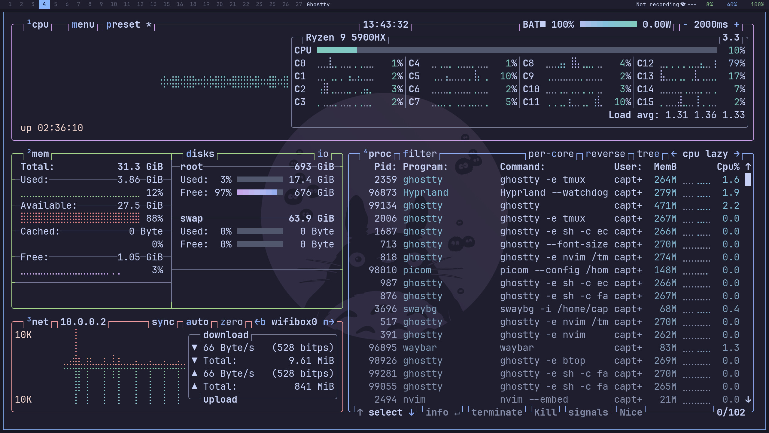 btop showing system resources