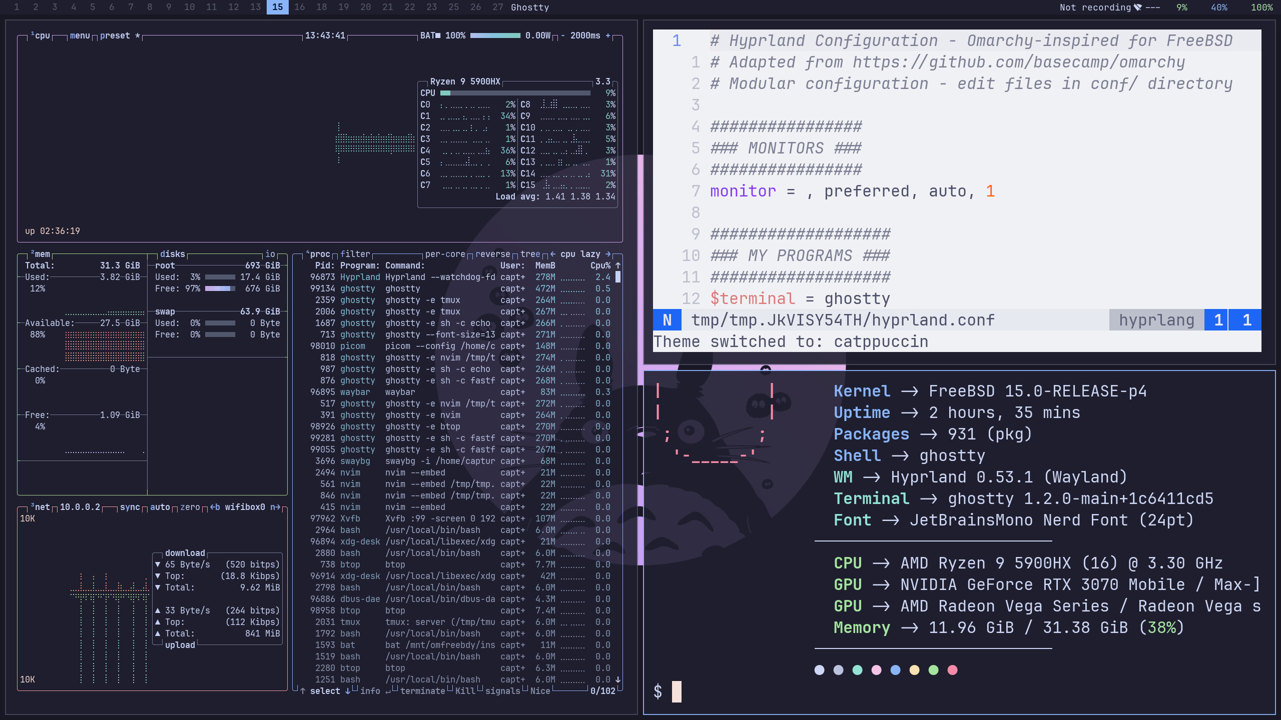 Three apps tiled: btop, neovim, and fastfetch