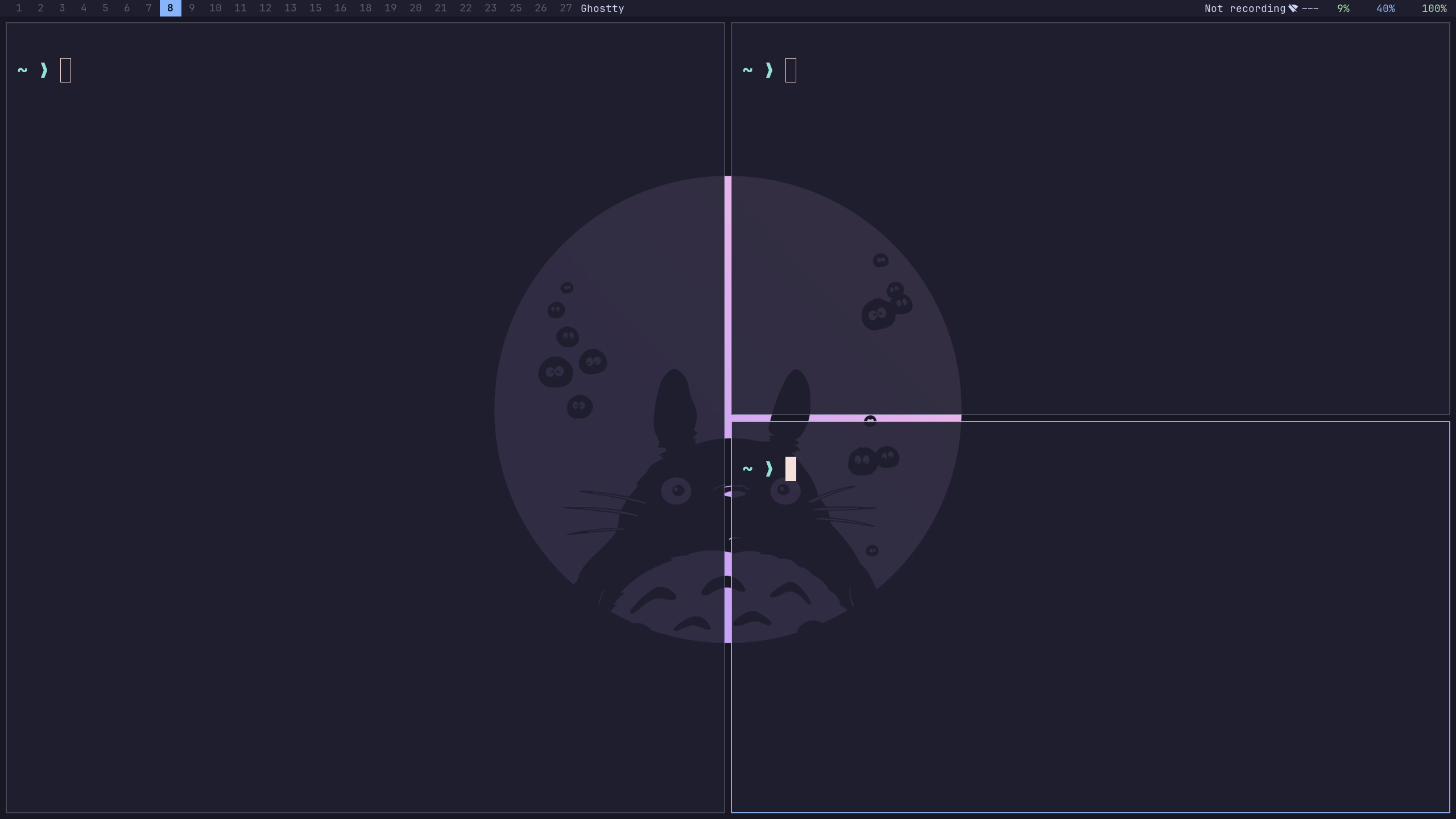 Three terminals tiled with dwindle layout