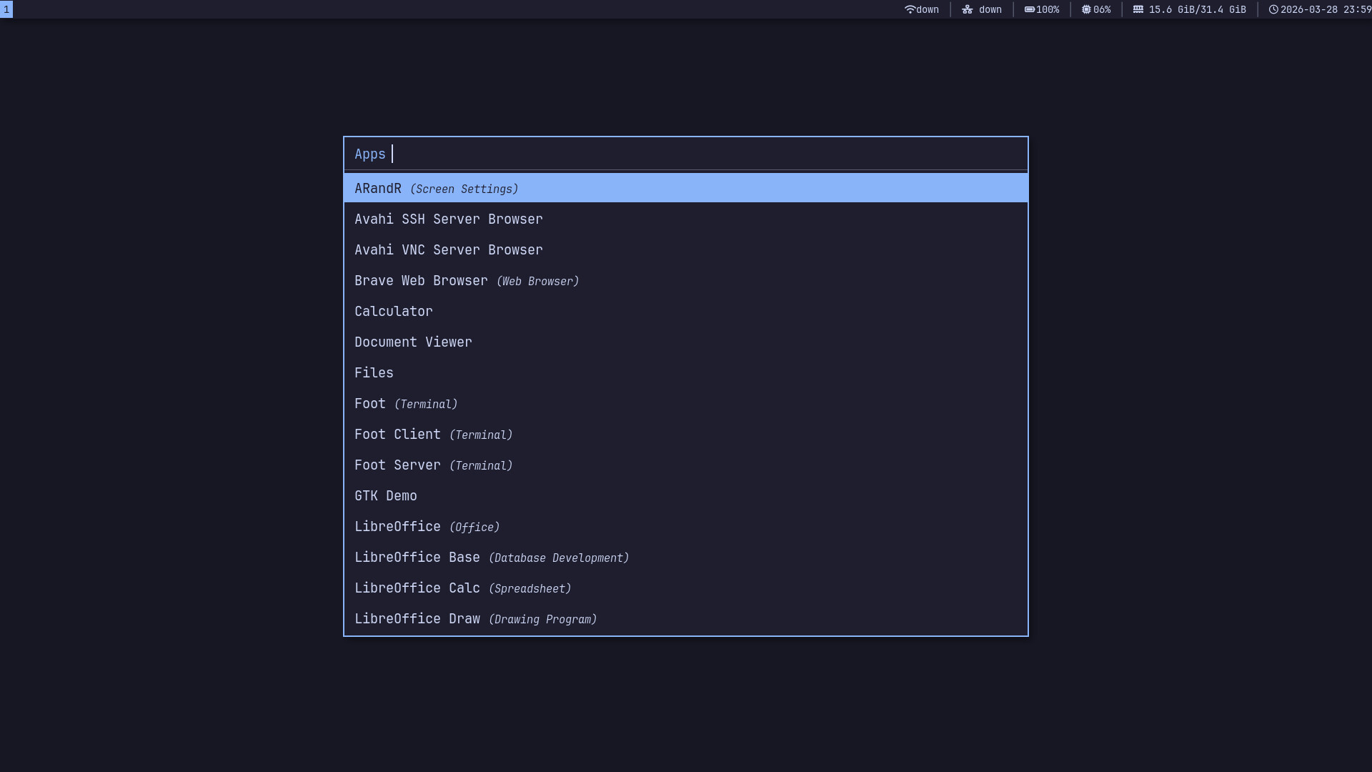 Rofi app launcher showing search