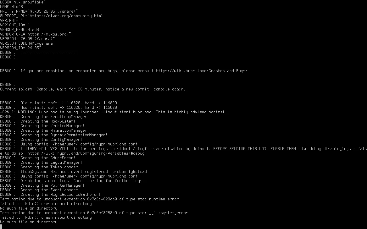 NixBSD serial console: Hyprland on a FreeBSD 15 kernel creating its EventLoop/Hook/Keybind/Animation/Config managers, then terminating because no DRM render node exists