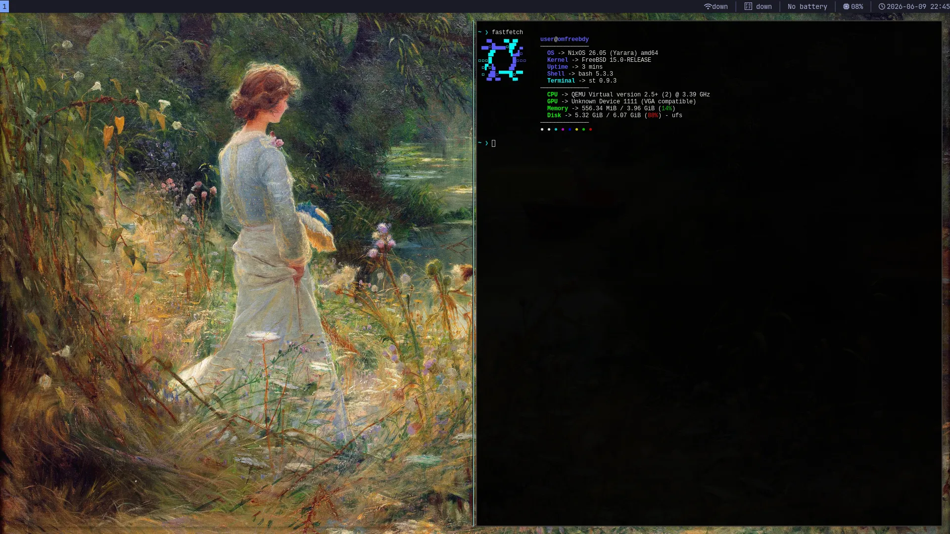 omfreebdy i3 desktop rendering live on a NixBSD FreeBSD 15 VM: the gruvbox theme wallpaper on the left, an st terminal running fastfetch on the right showing NixOS 26.05 / FreeBSD 15.0-RELEASE and full CPU/GPU/memory/disk detection, with the i3 status bar across the top