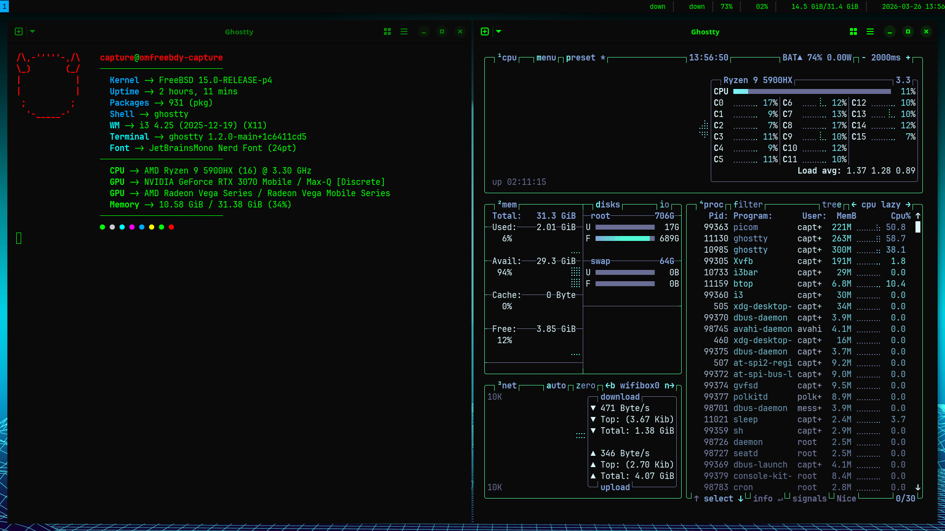 Two tiled terminals — fastfetch and btop